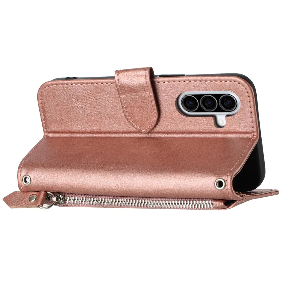 For Samsung Galaxy A26 5G Case Zipper Pocket Leather Phone Cover with Crossbody Shoulder Strap - Rose Gold - 4