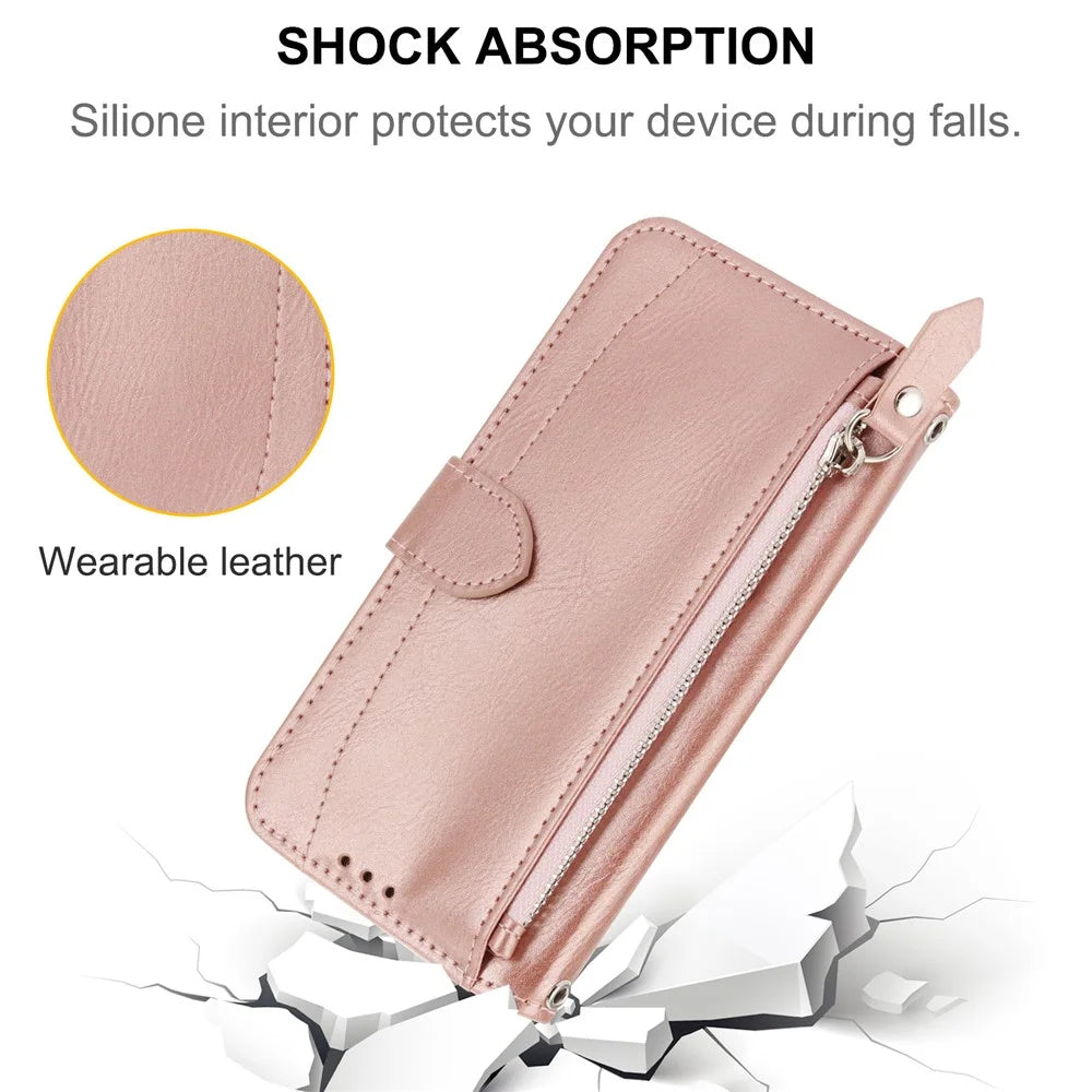 For Samsung Galaxy A26 5G Case Zipper Pocket Leather Phone Cover with Crossbody Shoulder Strap - Rose Gold - 7