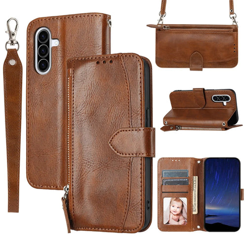 For Samsung Galaxy A56 5G Case Zipper Pocket Leather Phone Cover with Crossbody Shoulder Strap - Brown - 1