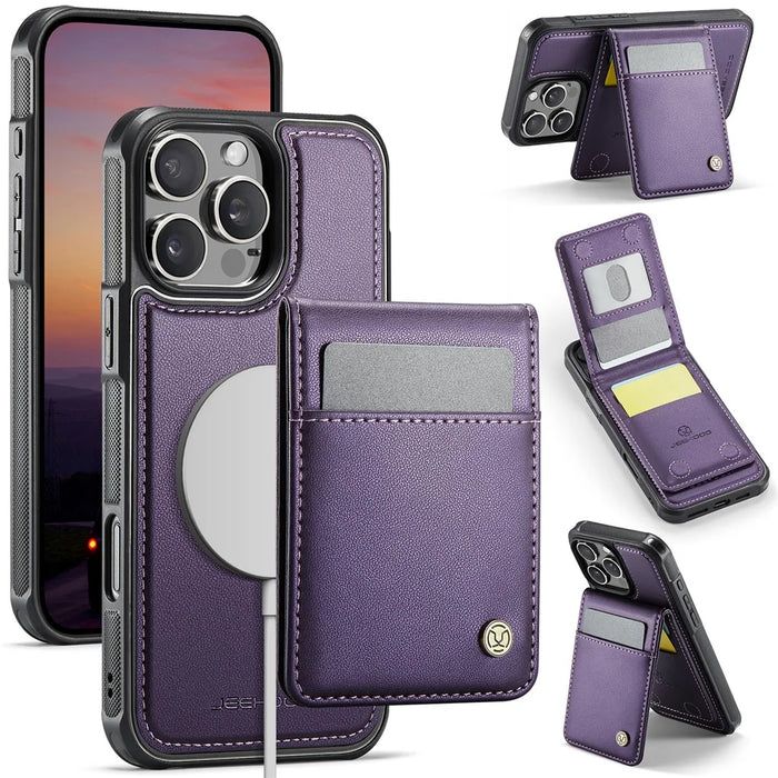 JEEHOOD For iPhone 16 Pro Leather Back Cover Compatible with MagSafe  J06 Phone Case with Card Bag RFID Blocking - Purple - 1