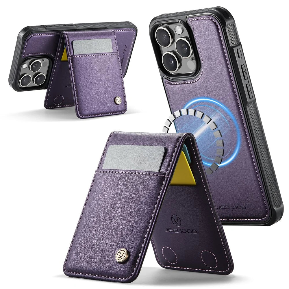 JEEHOOD For iPhone 16 Pro Leather Back Cover Compatible with MagSafe  J06 Phone Case with Card Bag RFID Blocking - Purple - 2