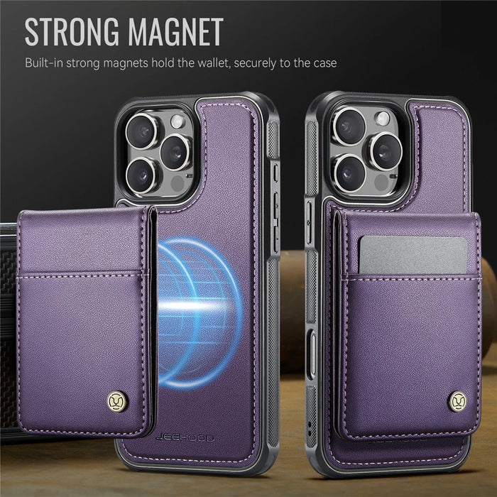 JEEHOOD For iPhone 16 Pro Leather Back Cover Compatible with MagSafe  J06 Phone Case with Card Bag RFID Blocking - Purple - 3