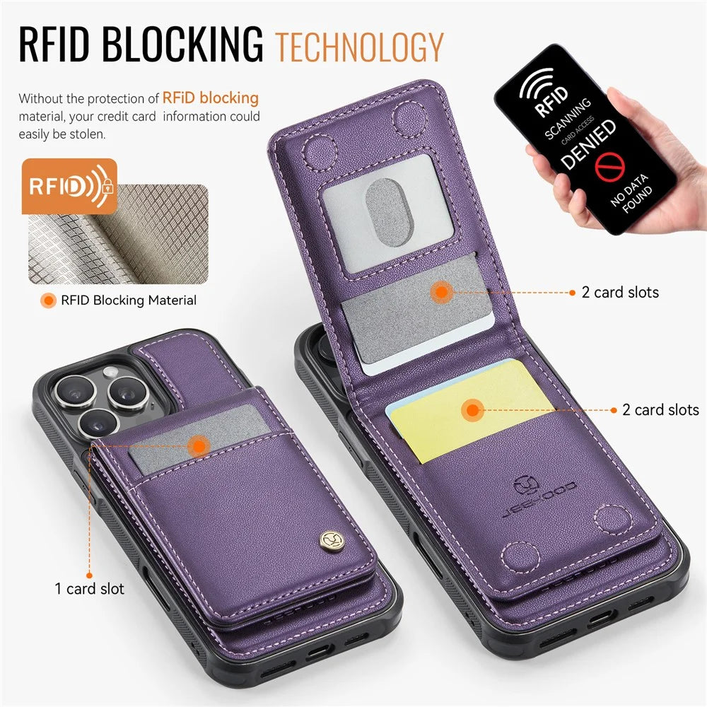 JEEHOOD For iPhone 16 Pro Max Leather Back Cover Compatible with MagSafe  J06 Phone Case with Card Bag RFID Blocking - Purple - 4