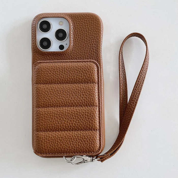 For iPhone 15 Pro Case Card Slots Kickstand PU Leather + PET Phone Cover with Wrist Strap - Dark Brown - 2