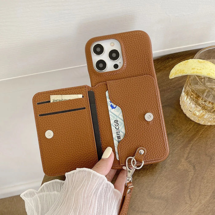 For iPhone 15 Pro Case Card Slots Kickstand PU Leather + PET Phone Cover with Wrist Strap - Dark Brown - 3
