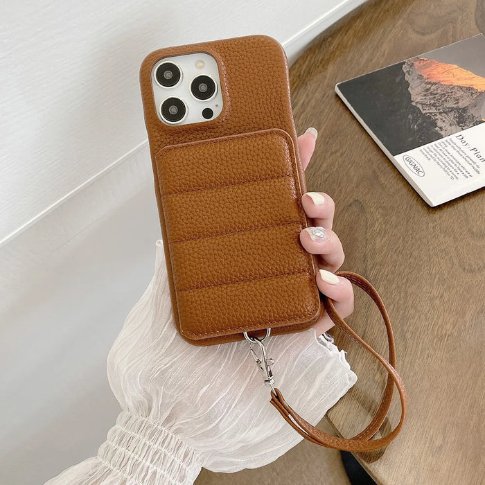 For iPhone 15 Pro Case Card Slots Kickstand PU Leather + PET Phone Cover with Wrist Strap - Dark Brown - 4