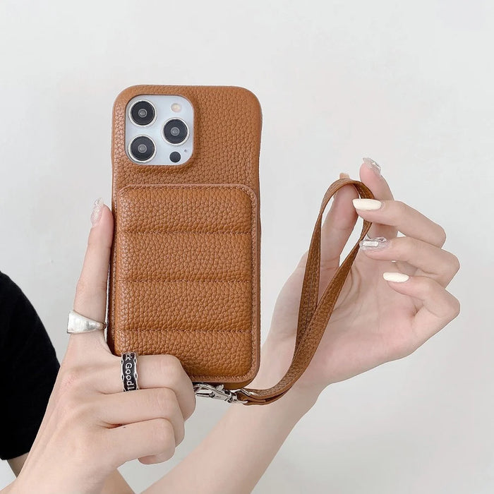 For iPhone 15 Pro Case Card Slots Kickstand PU Leather + PET Phone Cover with Wrist Strap - Dark Brown - 6