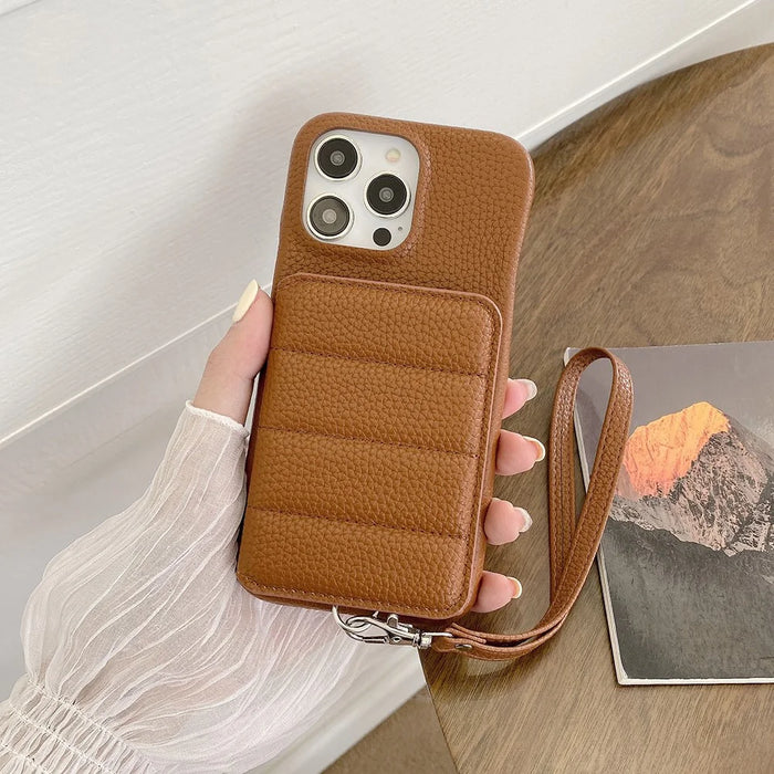 For iPhone 15 Pro Case Card Slots Kickstand PU Leather + PET Phone Cover with Wrist Strap - Dark Brown - 7