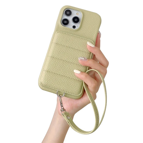 For iPhone 15 Pro Max Case Card Slots Kickstand PU Leather + PET Phone Cover with Wrist Strap - Green - 1