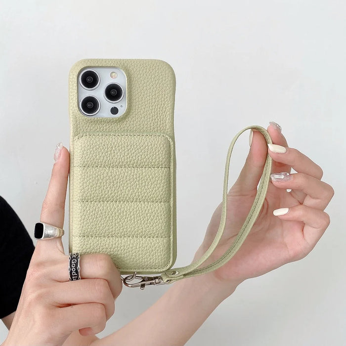 For iPhone 15 Pro Max Case Card Slots Kickstand PU Leather + PET Phone Cover with Wrist Strap - Green - 4