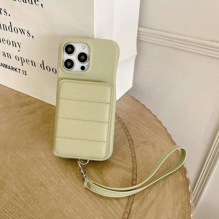 For iPhone 15 Pro Max Case Card Slots Kickstand PU Leather + PET Phone Cover with Wrist Strap - Green - 6