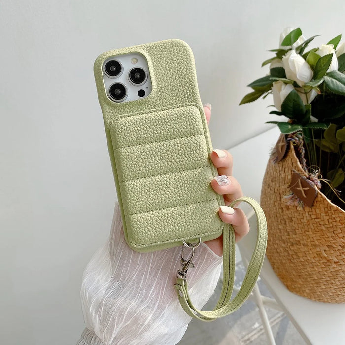 For iPhone 15 Pro Max Case Card Slots Kickstand PU Leather + PET Phone Cover with Wrist Strap - Green - 7