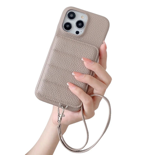 For iPhone 16 Pro Case Card Slots Kickstand PU Leather + PET Phone Cover with Wrist Strap - Grey - 1