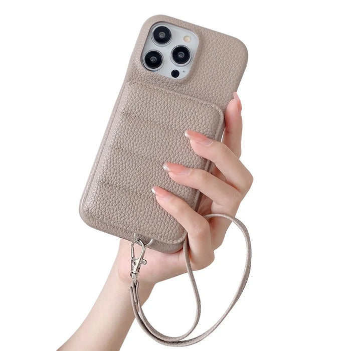 For iPhone 16 Pro Case Card Slots Kickstand PU Leather + PET Phone Cover with Wrist Strap - Grey - 1