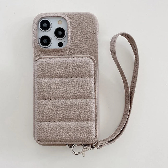 For iPhone 16 Pro Case Card Slots Kickstand PU Leather + PET Phone Cover with Wrist Strap - Grey - 2