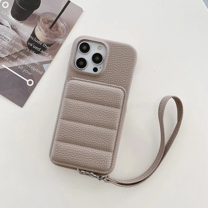 For iPhone 16 Pro Case Card Slots Kickstand PU Leather + PET Phone Cover with Wrist Strap - Grey - 3