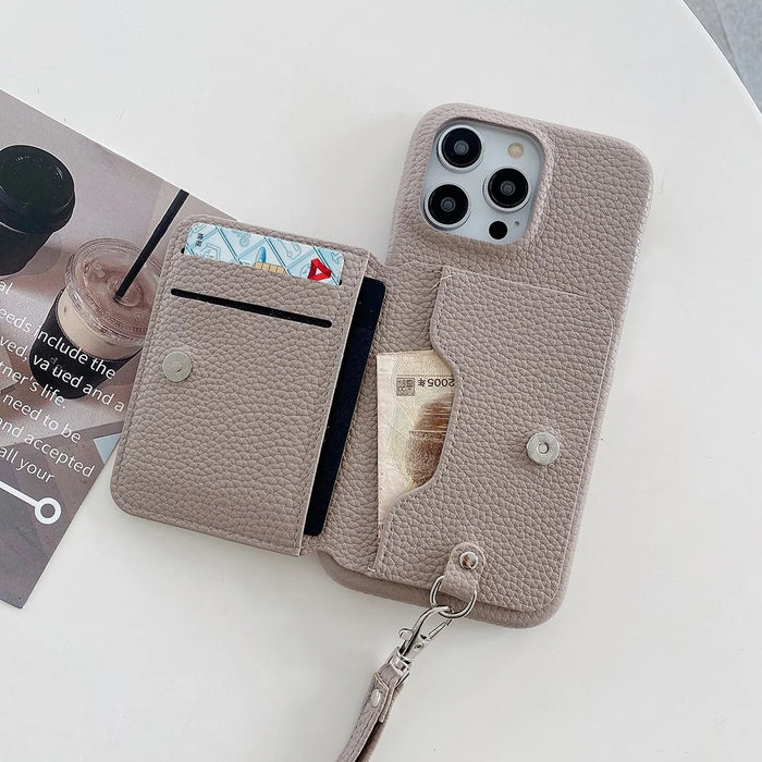 For iPhone 16 Pro Case Card Slots Kickstand PU Leather + PET Phone Cover with Wrist Strap - Grey - 5