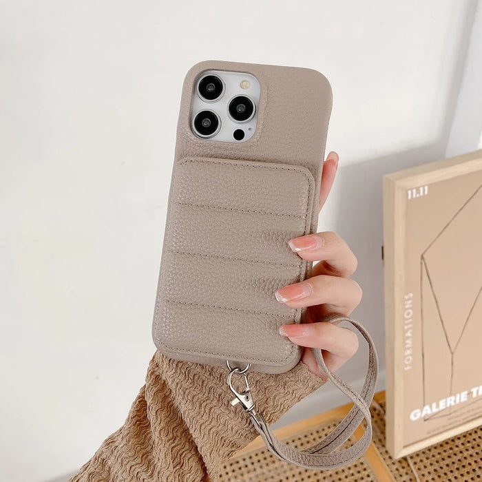 For iPhone 16 Pro Case Card Slots Kickstand PU Leather + PET Phone Cover with Wrist Strap - Grey - 7