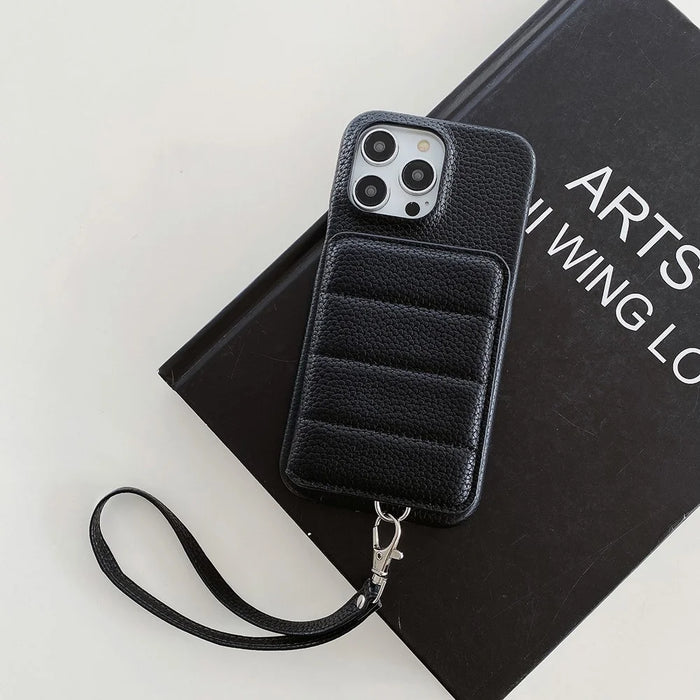 For iPhone 16 Pro Max Case Card Slots Kickstand PU Leather + PET Phone Cover with Wrist Strap - Black - 2