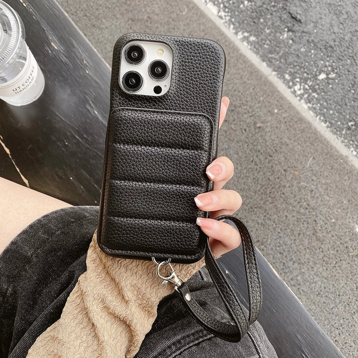 For iPhone 16 Pro Max Case Card Slots Kickstand PU Leather + PET Phone Cover with Wrist Strap - Black - 3