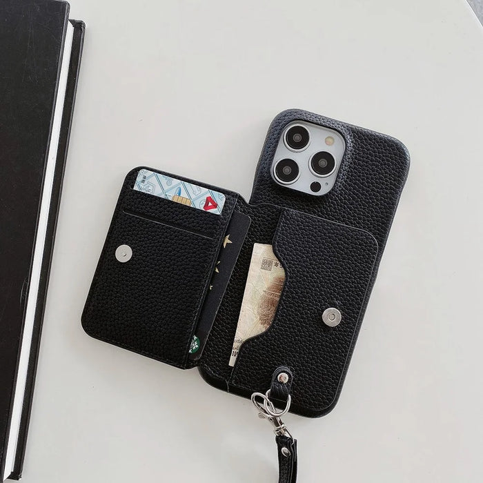 For iPhone 16 Pro Max Case Card Slots Kickstand PU Leather + PET Phone Cover with Wrist Strap - Black - 5