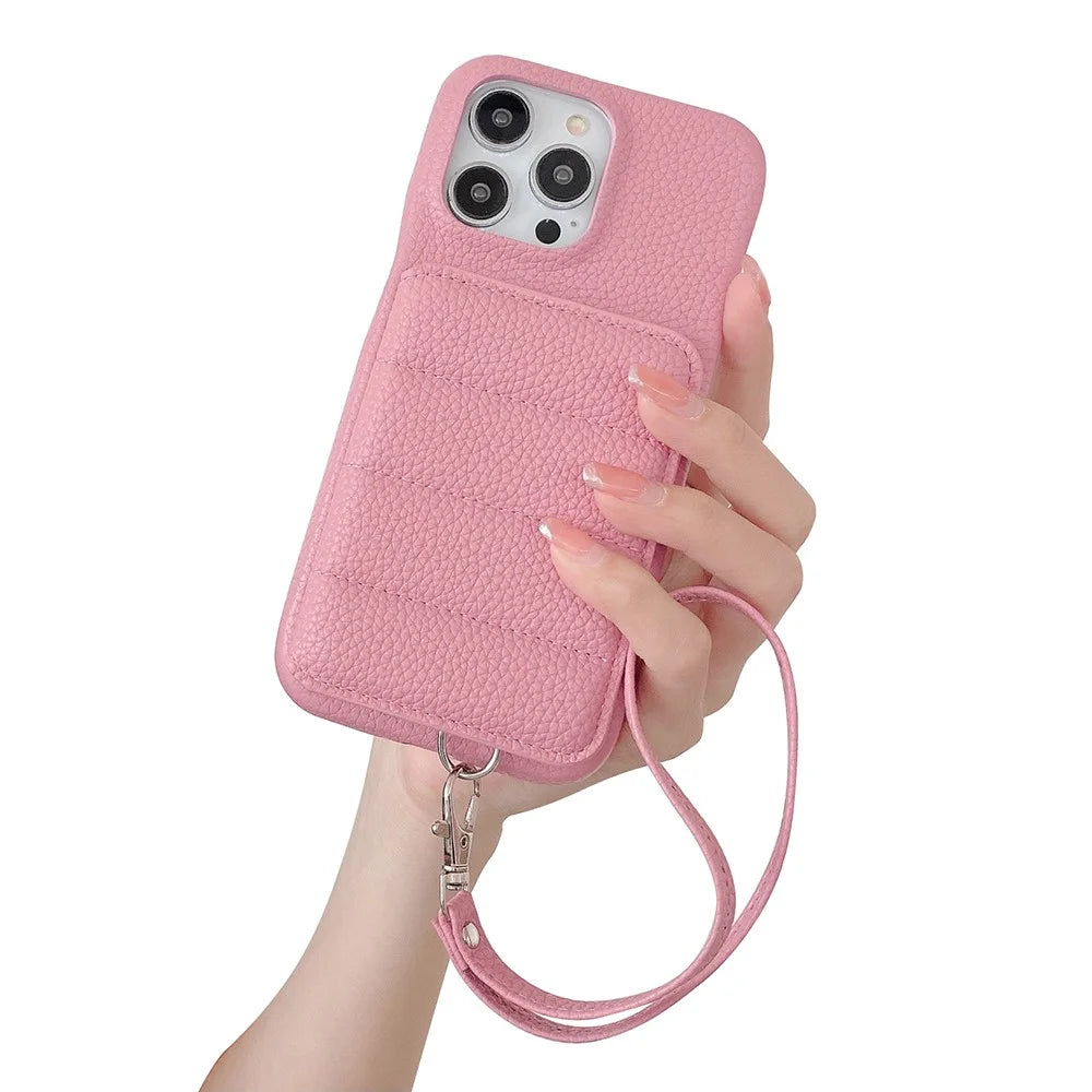 For iPhone 14 Pro Case Card Slots Kickstand PU Leather + PET Phone Cover with Wrist Strap - Pink - 1