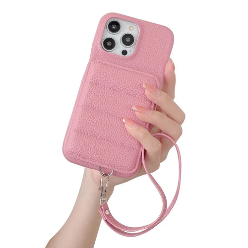 For iPhone 14 Pro Case Card Slots Kickstand PU Leather + PET Phone Cover with Wrist Strap - Pink - 1