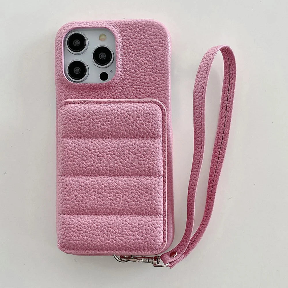 For iPhone 14 Pro Case Card Slots Kickstand PU Leather + PET Phone Cover with Wrist Strap - Pink - 2