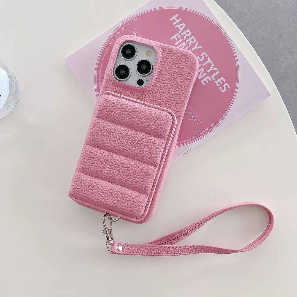 For iPhone 14 Pro Case Card Slots Kickstand PU Leather + PET Phone Cover with Wrist Strap - Pink - 3