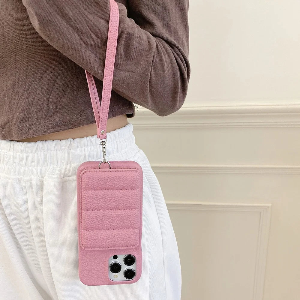 For iPhone 14 Pro Case Card Slots Kickstand PU Leather + PET Phone Cover with Wrist Strap - Pink - 4
