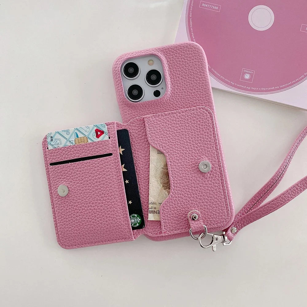 For iPhone 14 Pro Case Card Slots Kickstand PU Leather + PET Phone Cover with Wrist Strap - Pink - 5