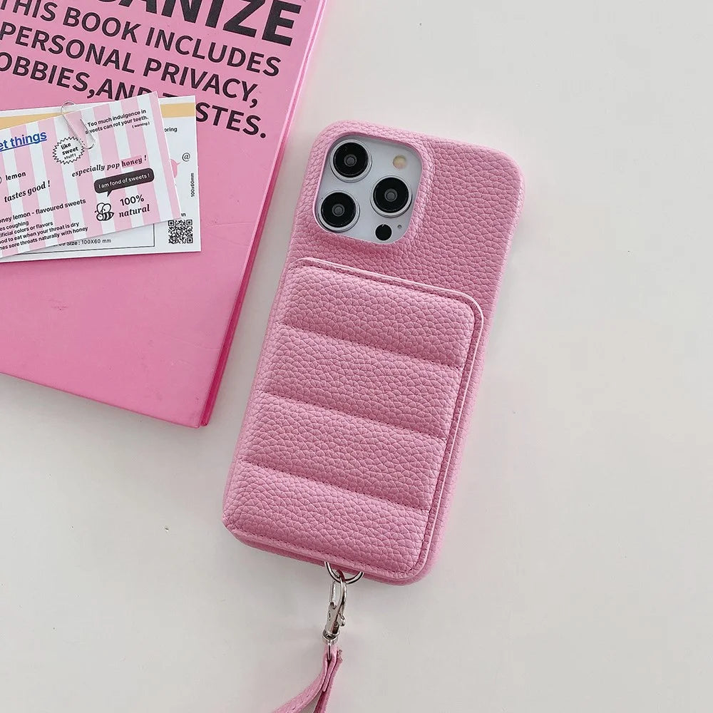 For iPhone 14 Pro Case Card Slots Kickstand PU Leather + PET Phone Cover with Wrist Strap - Pink - 6