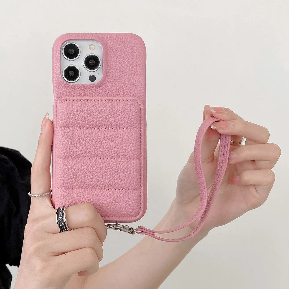For iPhone 14 Pro Case Card Slots Kickstand PU Leather + PET Phone Cover with Wrist Strap - Pink - 7