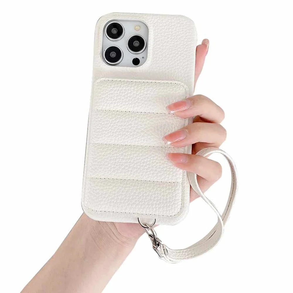 For iPhone 14 Pro Max Case Card Slots Kickstand PU Leather + PET Phone Cover with Wrist Strap - White - 1