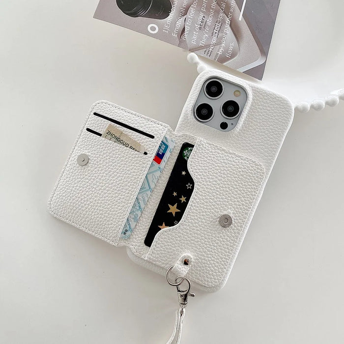 For iPhone 14 Pro Max Case Card Slots Kickstand PU Leather + PET Phone Cover with Wrist Strap - White - 6