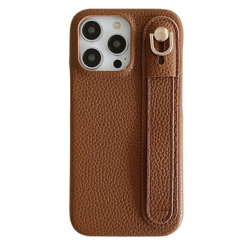 For iPhone 16 Pro Max Case Wristband Kickstand PU Leather + PET Phone Cover - Dark Brown - 1