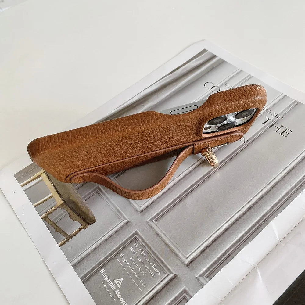 For iPhone 16 Pro Max Case Wristband Kickstand PU Leather + PET Phone Cover - Dark Brown - 3