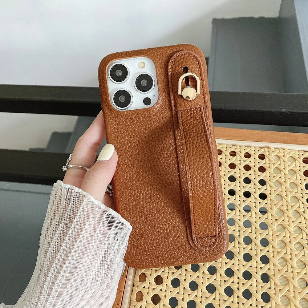 For iPhone 16 Pro Max Case Wristband Kickstand PU Leather + PET Phone Cover - Dark Brown - 4