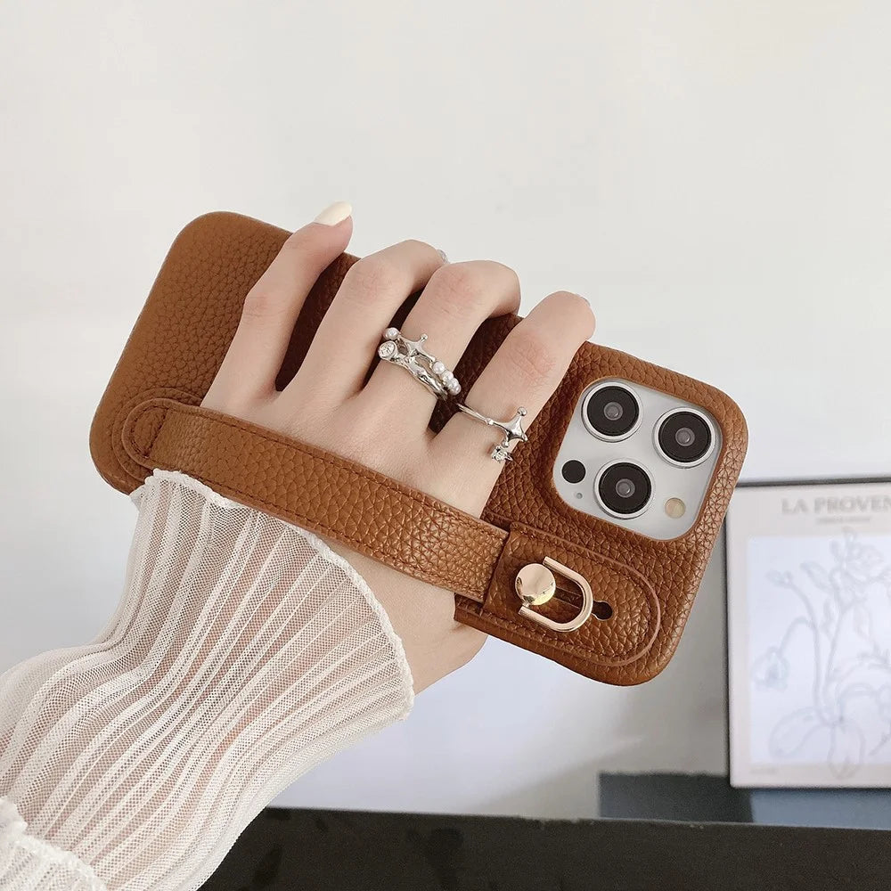 For iPhone 16 Pro Max Case Wristband Kickstand PU Leather + PET Phone Cover - Dark Brown - 5