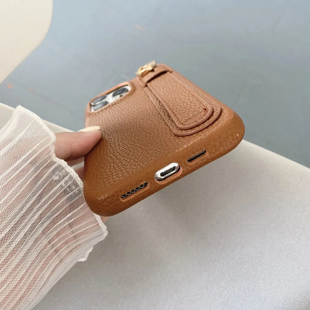 For iPhone 16 Pro Max Case Wristband Kickstand PU Leather + PET Phone Cover - Dark Brown - 6