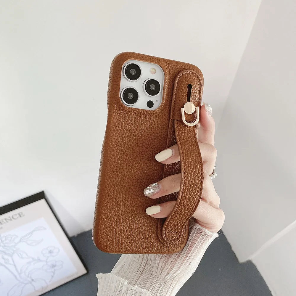 For iPhone 16 Pro Max Case Wristband Kickstand PU Leather + PET Phone Cover - Dark Brown - 7