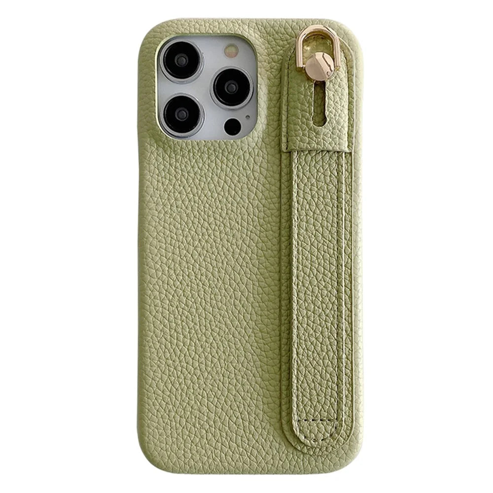 For iPhone 16 Pro Case Wristband Kickstand PU Leather + PET Phone Cover - Green - 1