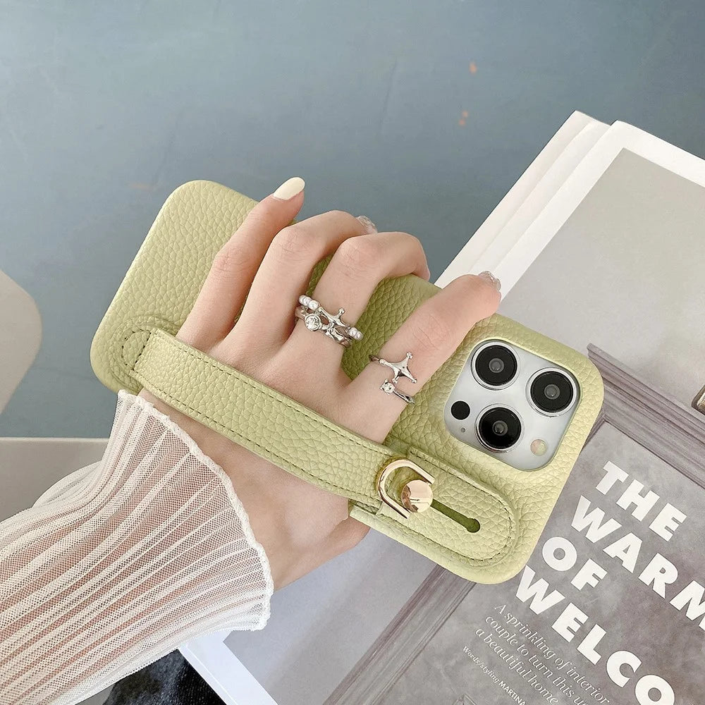 For iPhone 16 Pro Case Wristband Kickstand PU Leather + PET Phone Cover - Green - 5