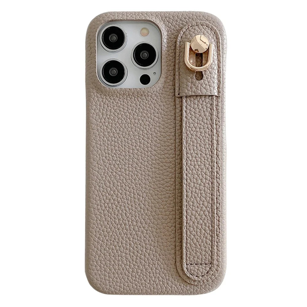 For iPhone 15 Pro Max Case Wristband Kickstand PU Leather + PET Phone Cover - Grey - 1