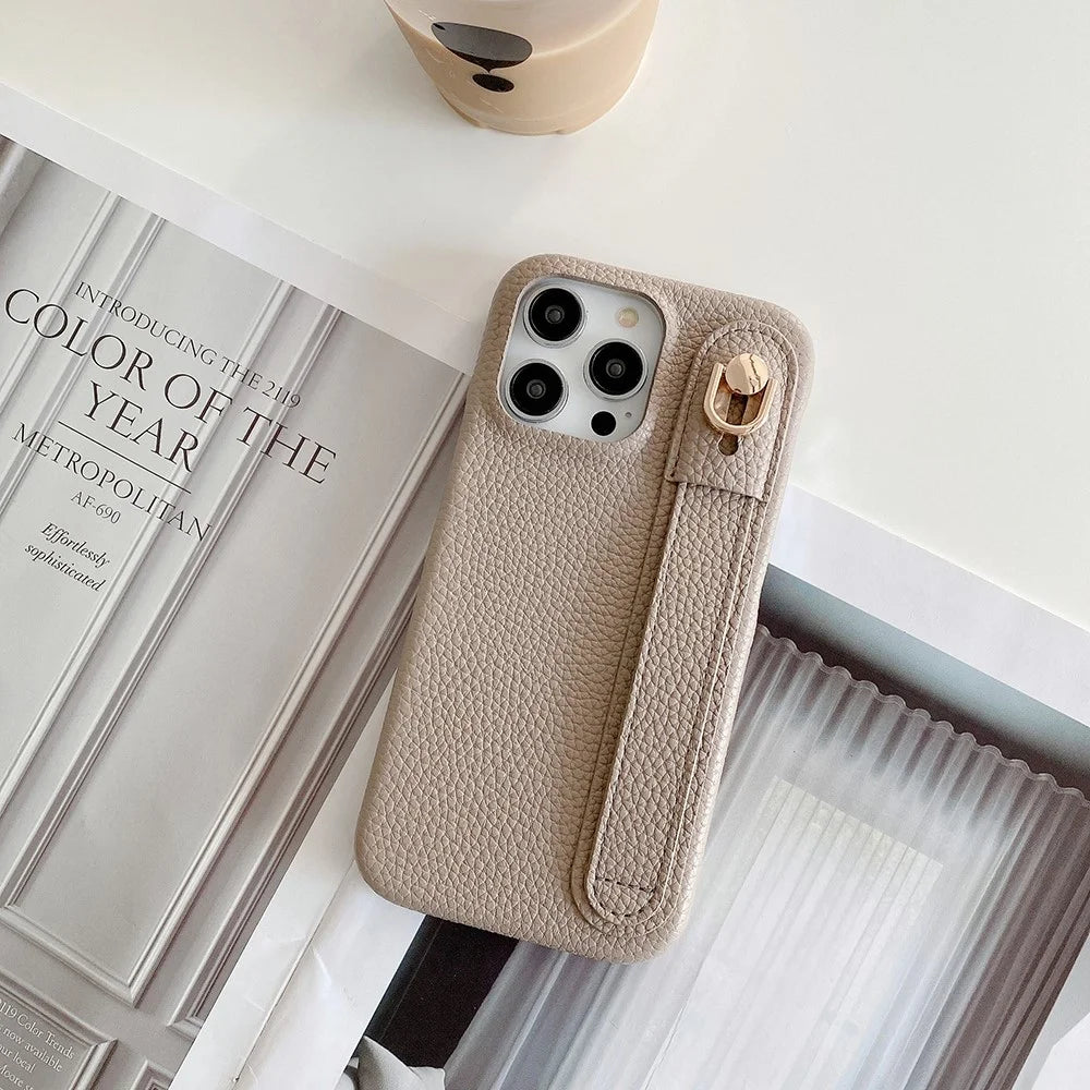 For iPhone 15 Pro Max Case Wristband Kickstand PU Leather + PET Phone Cover - Grey - 2