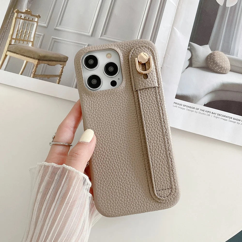 For iPhone 15 Pro Max Case Wristband Kickstand PU Leather + PET Phone Cover - Grey - 5