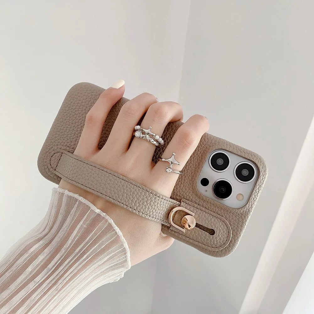 For iPhone 15 Pro Max Case Wristband Kickstand PU Leather + PET Phone Cover - Grey - 6