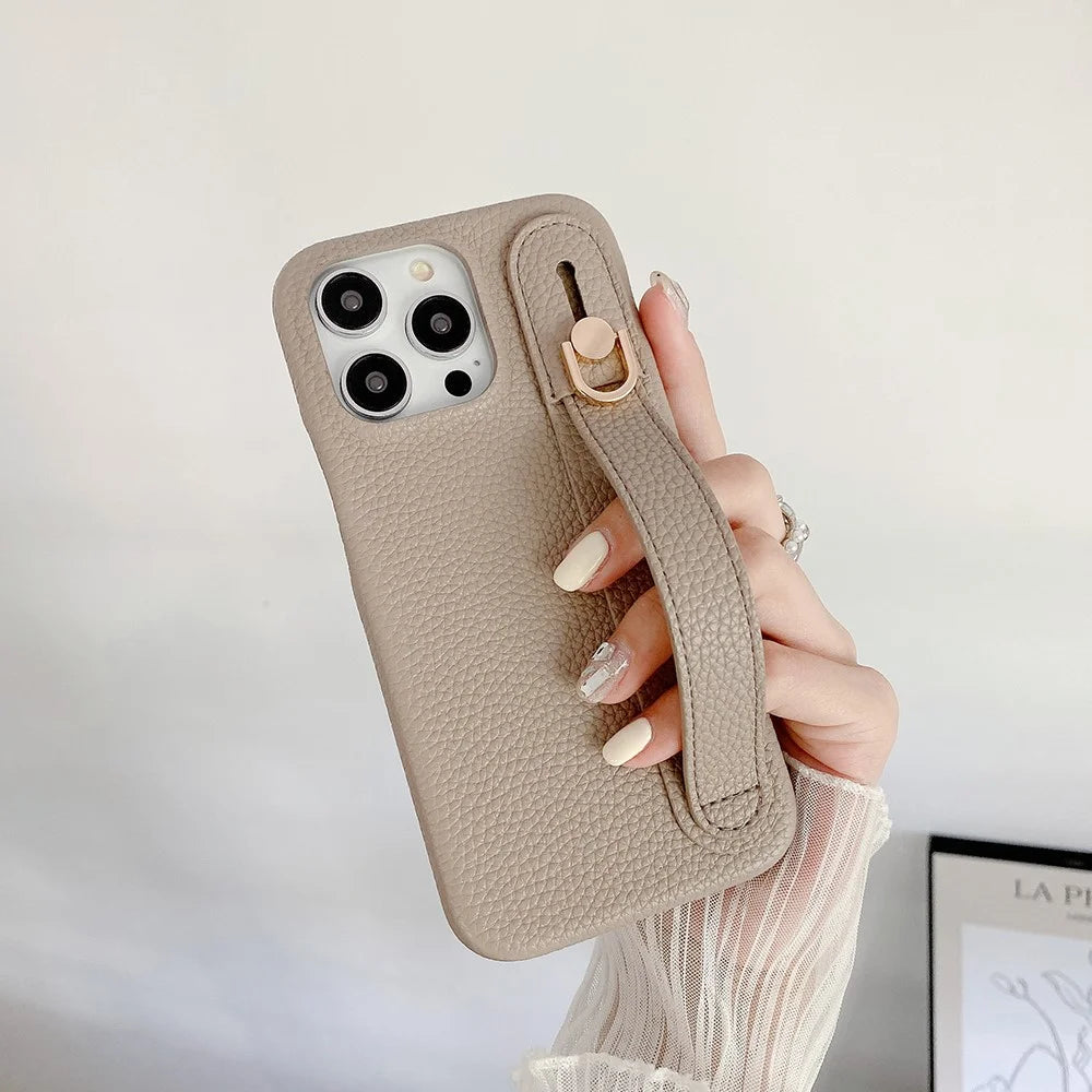 For iPhone 15 Pro Max Case Wristband Kickstand PU Leather + PET Phone Cover - Grey - 7