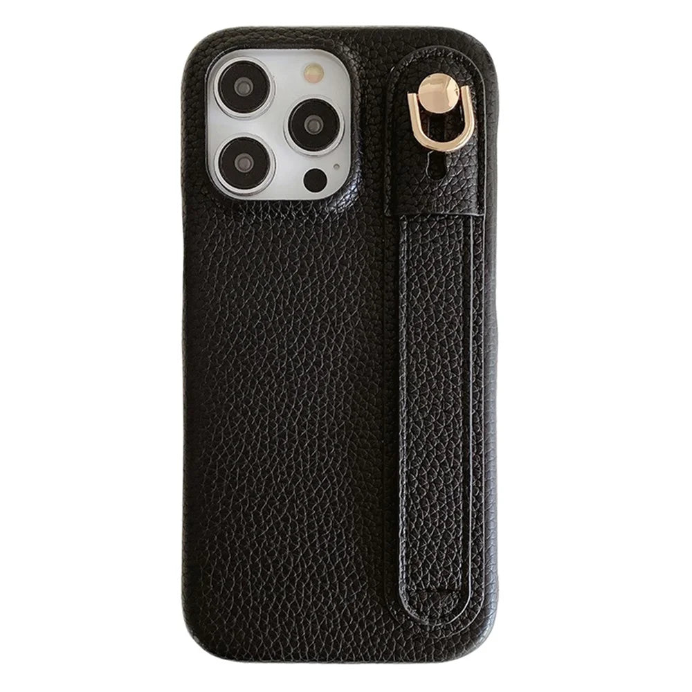 For iPhone 15 Pro Case Wristband Kickstand PU Leather + PET Phone Cover - Black - 1