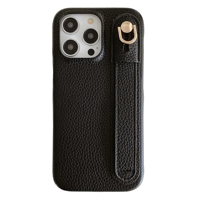 For iPhone 15 Pro Case Wristband Kickstand PU Leather + PET Phone Cover - Black - 1